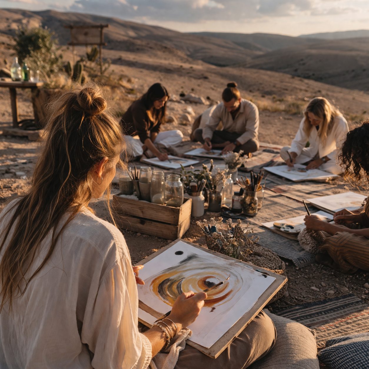 Menschen malen in Ruhe bei einem Kunstworkshop im Freien